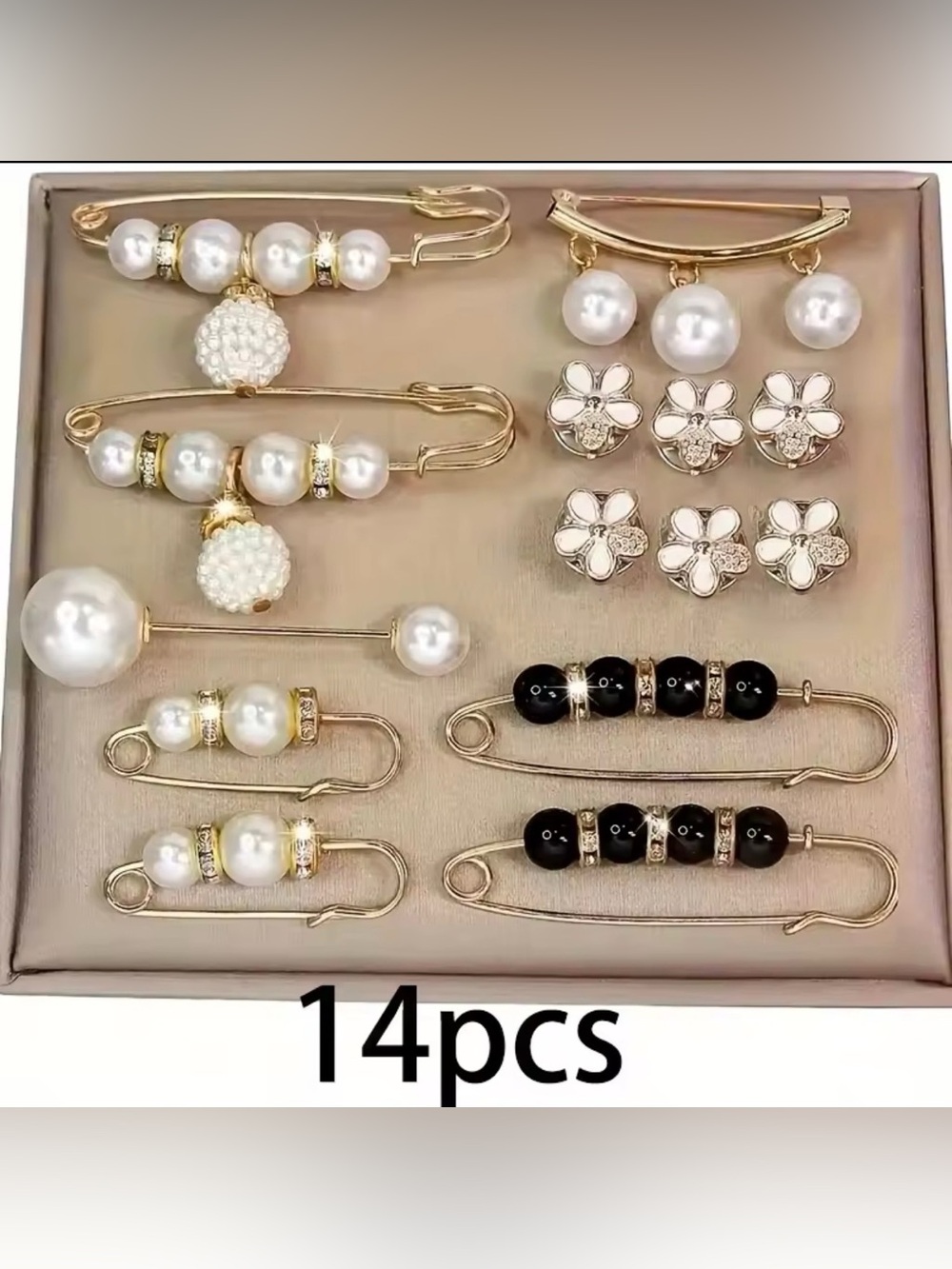 Ewold 14Pc Decorative Safety Pin Brooch Set Faux Pearl Gold Tone Sweater Scarf